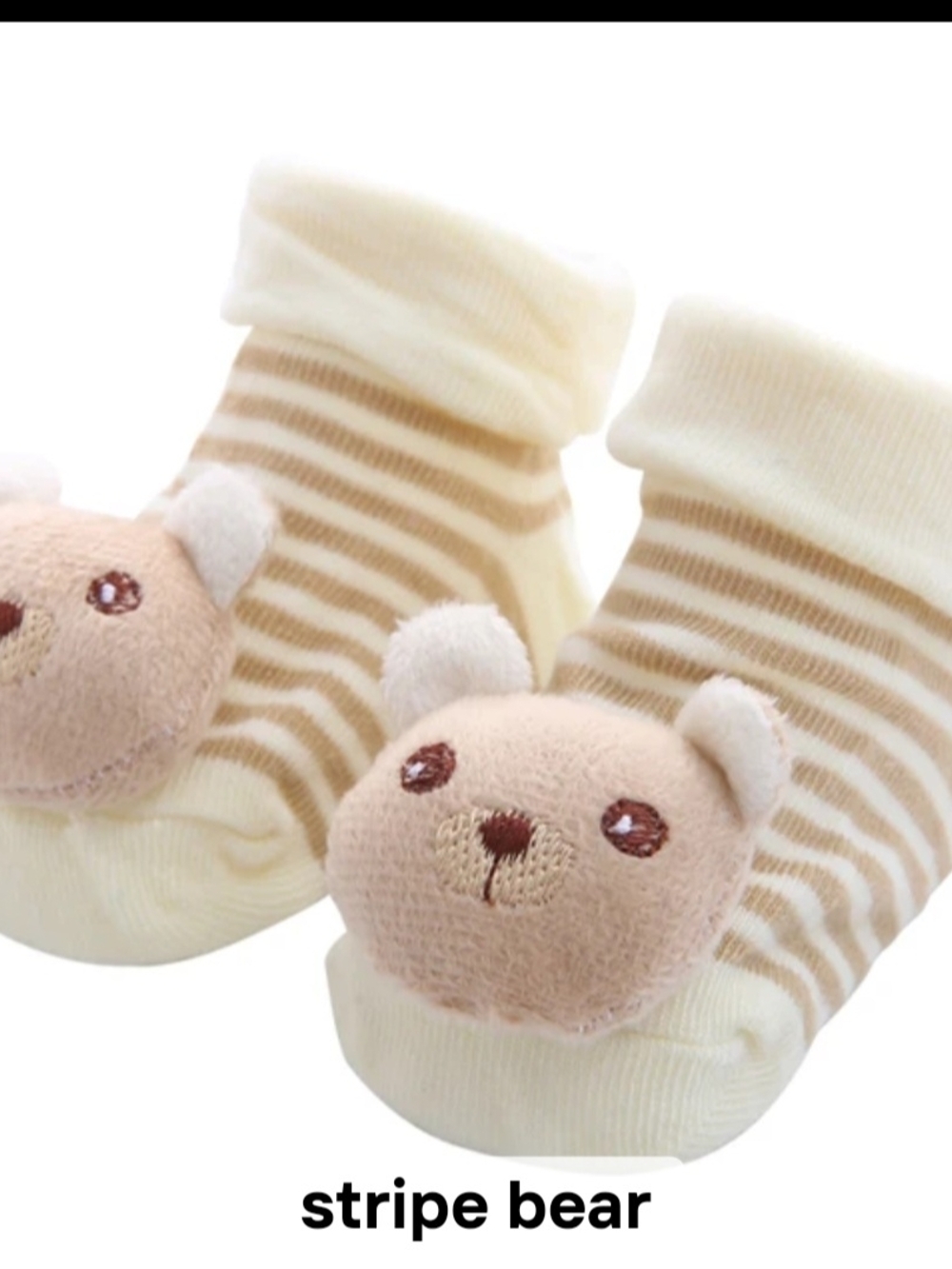Baby Socks Cream & Tan Striped  with Bear Accent NWOT